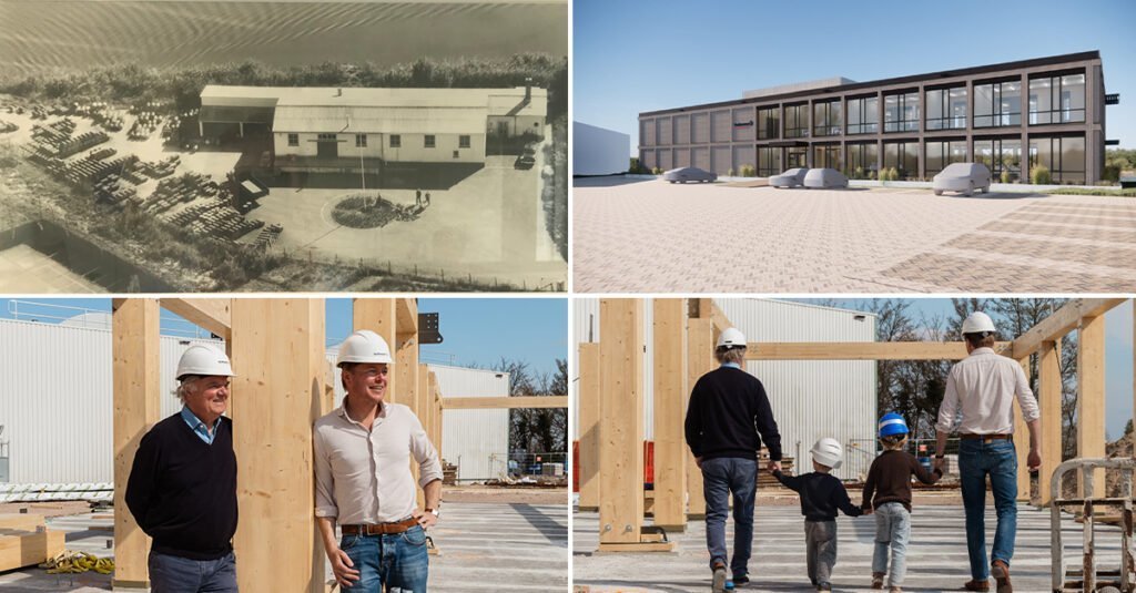 Vier foto's van Rogier en Frank Van Meeuwen met oud en toekomstig nieuwe hoofdkantoor