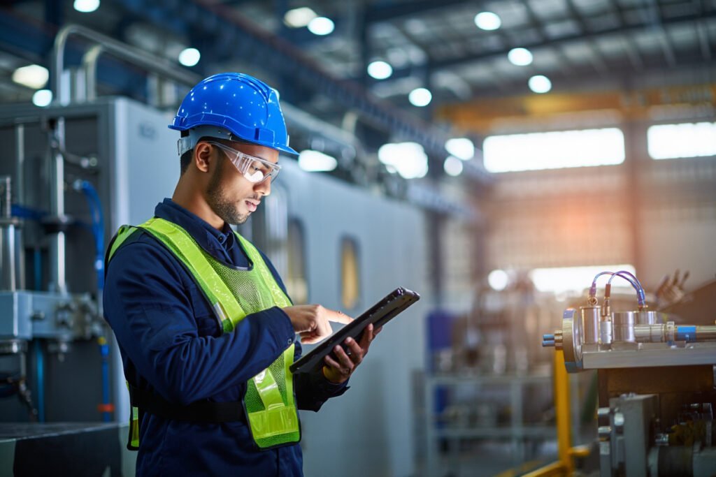 Persoon met blauwe helm en een geel hesje met tablet productie